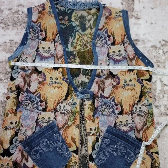 Handmade Cat Tapestry Vest Denim Trim Pockets Cottagecore Boho Upcycled - Picture 8 of 9